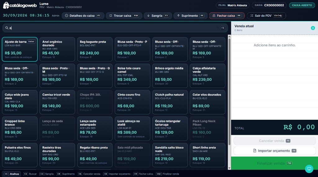 PDV com a grade de produtos e a venda atual
