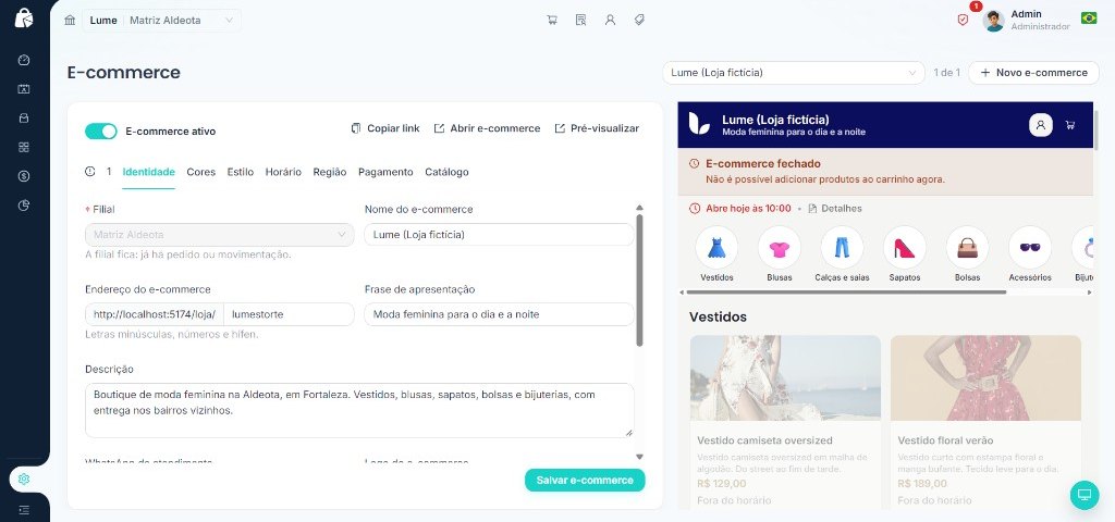 Vitrine do e-commerce ao lado do cadastro da loja